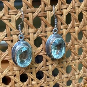 Stamped Silver and Aquamarine Drop Earrings